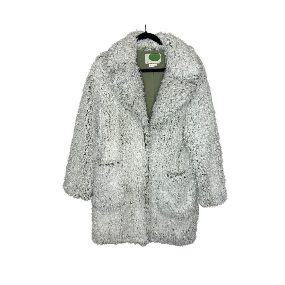 Anthropologie Faux Fur Coat Womens S White Emerald Green Long Abstract Jacket